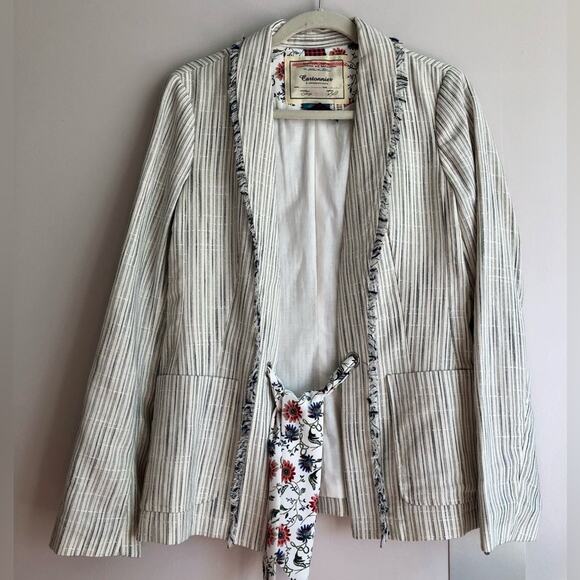 Anthropologie Cartonnier RARE Striped Fringed Linen White Blazer Women’s Size 8 - Picture 2 of 13